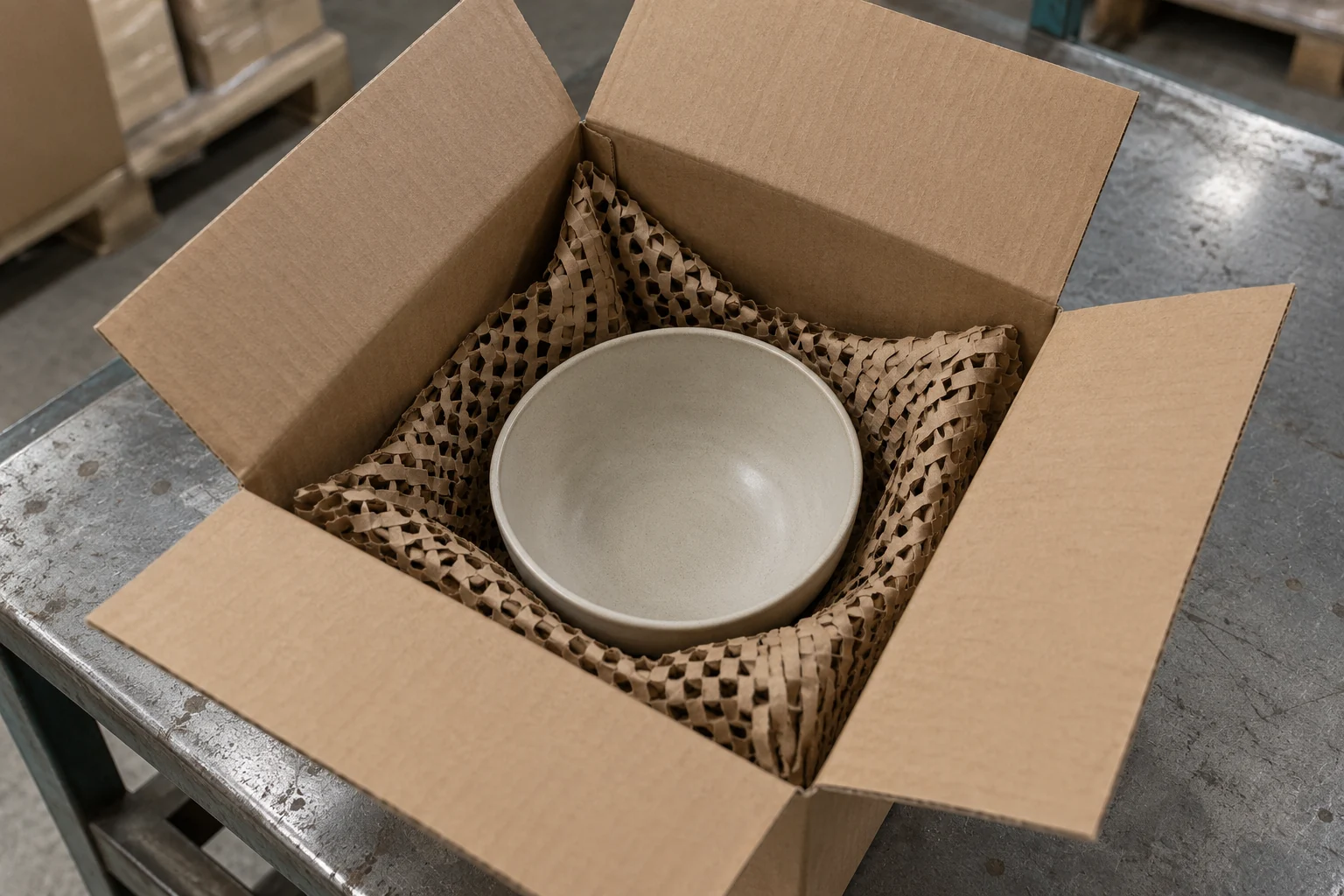 A ceramic bowl inside a carton with expanded cardboard around it