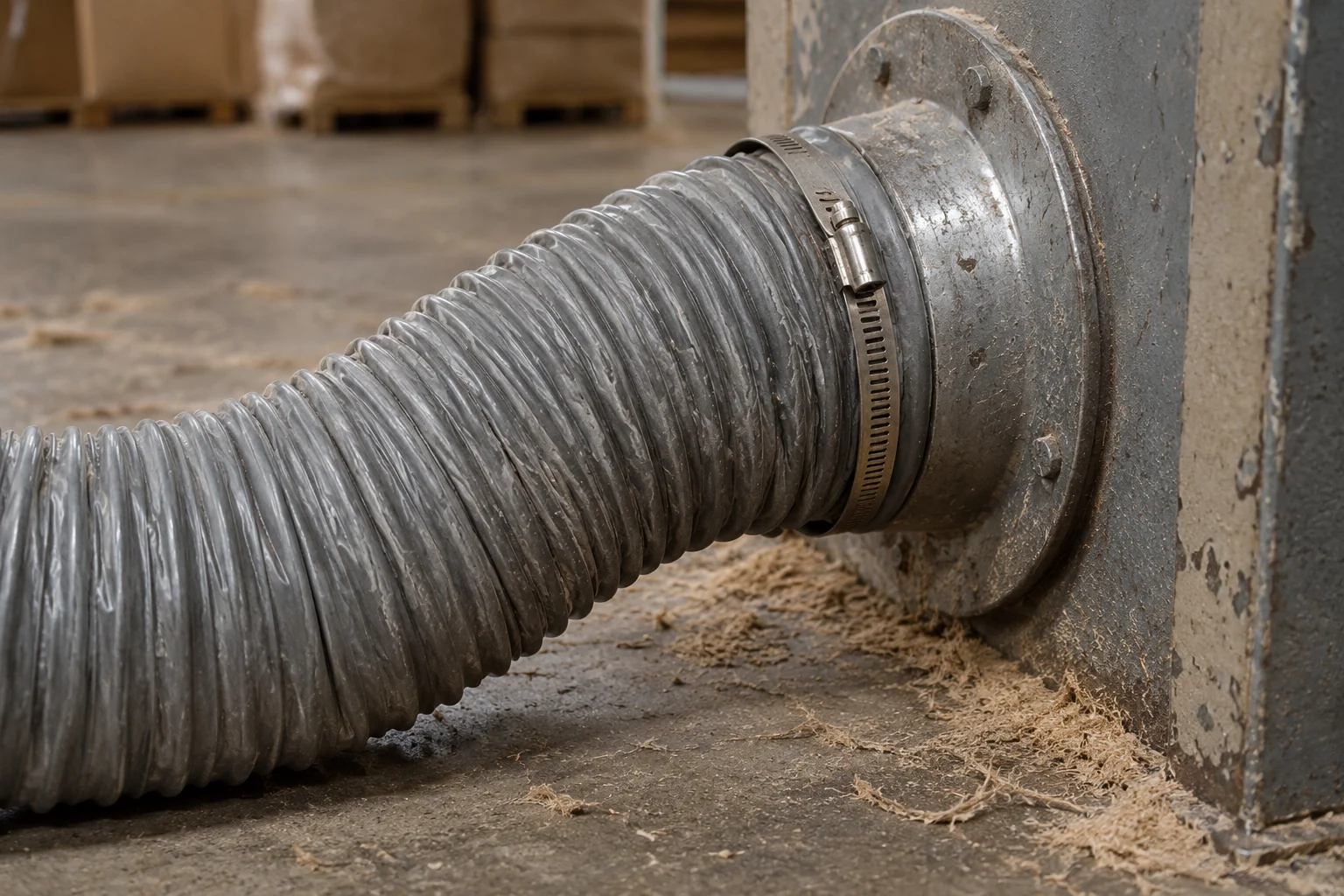 A clamped flexible extraction hose on a round steel outlet